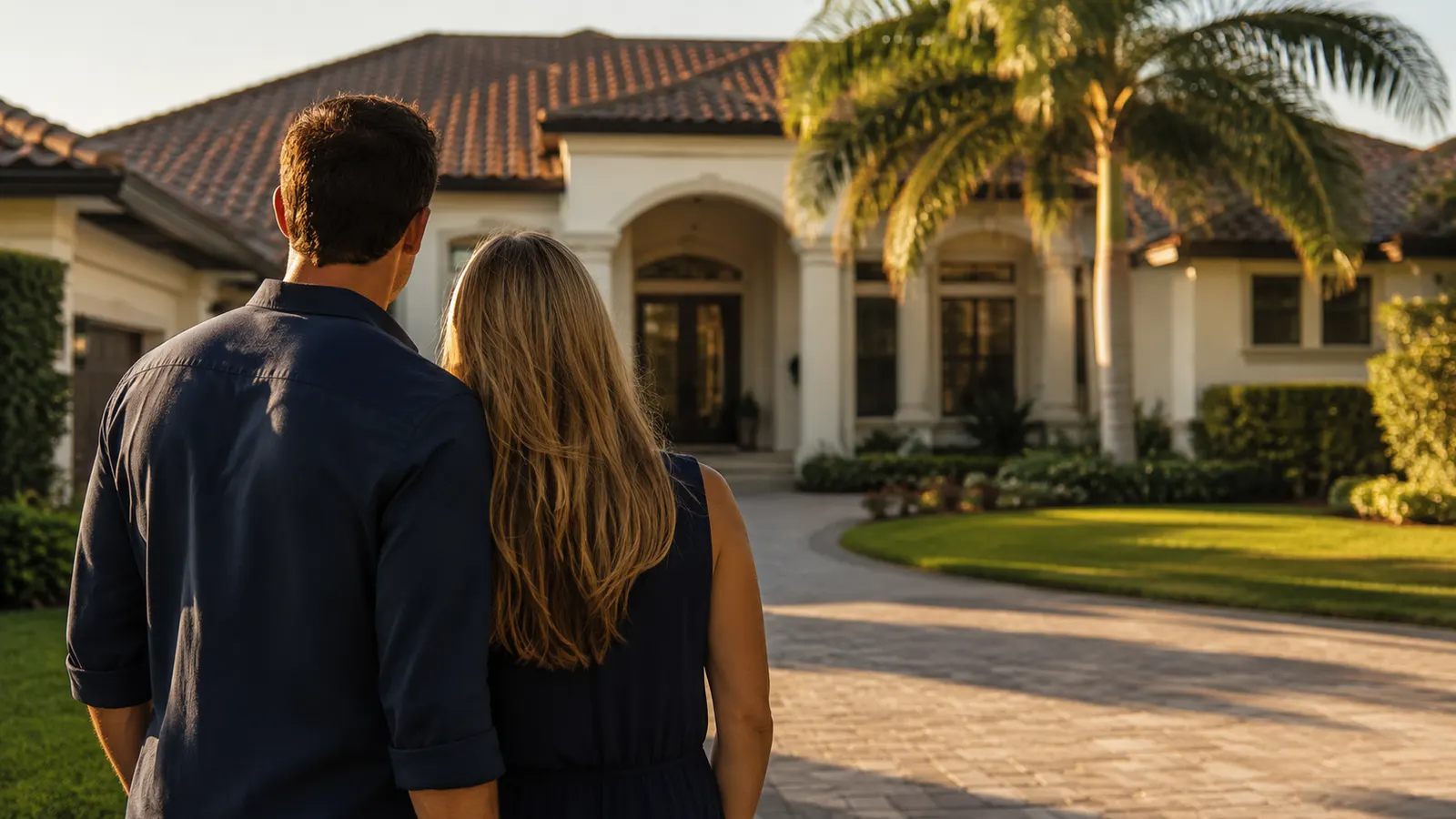 Home buyers standing in the driveway looking at their new Florida home at golden hour