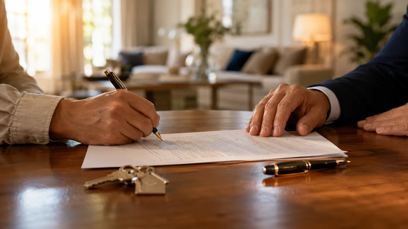 Buyer and seller signing real estate closing documents at a title company closing table in Ocala, Florida, with house keys on the table