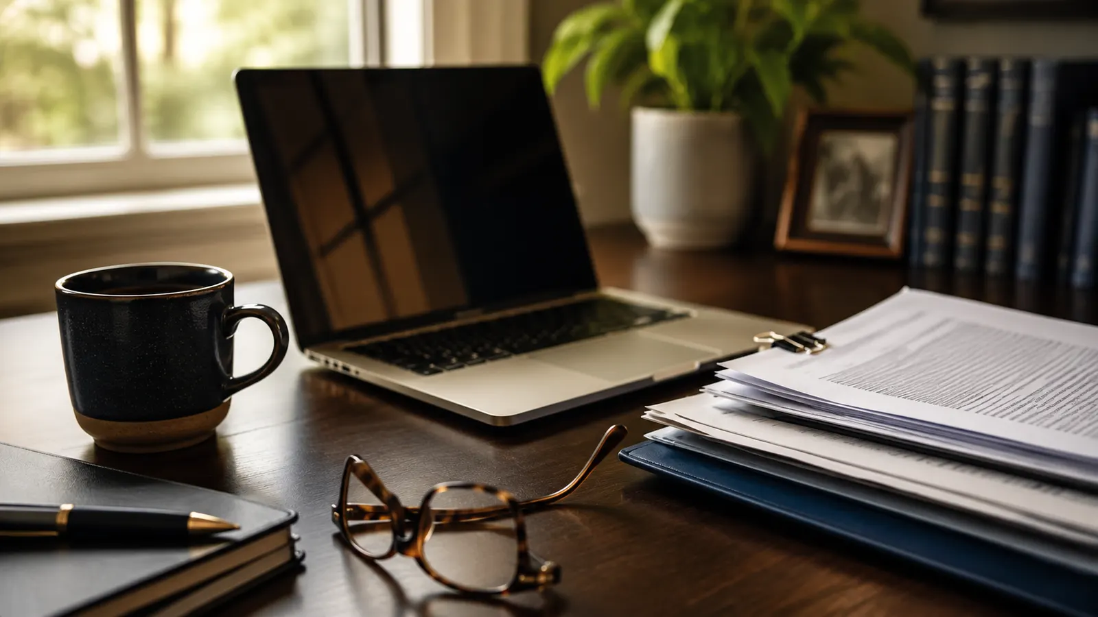 Loan and title closing documents stacked on a desk beside a laptop, reading glasses, and coffee